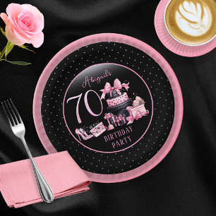 Plato De Papel Glam Pink Black Fashion 70th Birthday Party