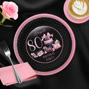 Plato De Papel Glam Pink Black Fashion 80th Birthday Party