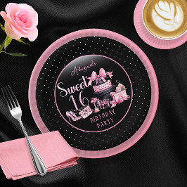 Plato De Papel Glam Pink Black Fashion Sweet 16 cumpleaños fiesta