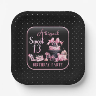 Plato De Papel Glam Pink Black Moda Cumpleaños 13