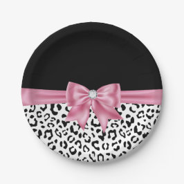 Plato De Papel Glam Pink Bow Diamond Black Snow Leopard