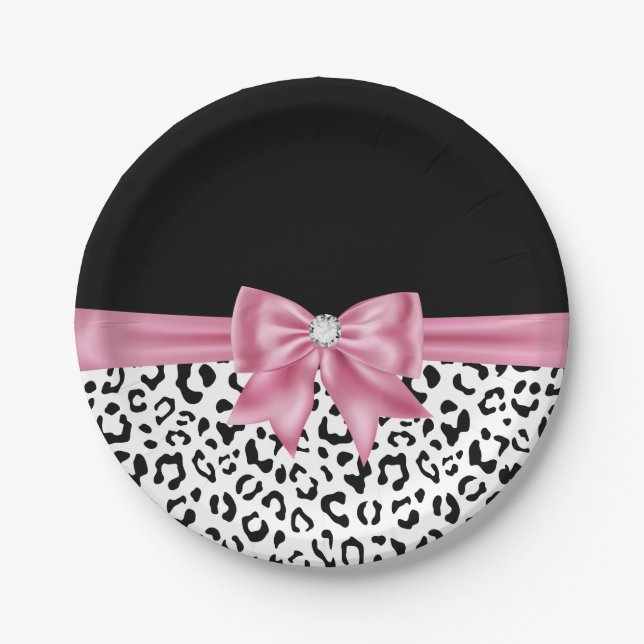 Plato De Papel Glam Pink Bow Diamond Black Snow Leopard (Anverso)