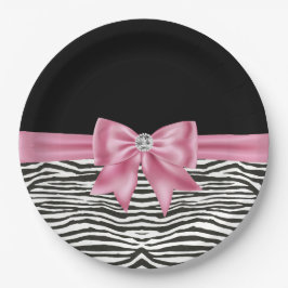 Plato De Papel Glam Pink Bow Diamond Zebra Imprimir negro