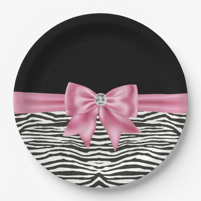 Plato De Papel Glam Pink Bow Diamond Zebra Imprimir negro (Anverso)