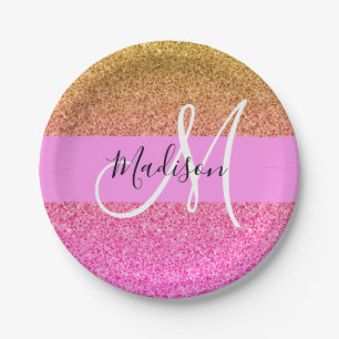 Plato De Papel Glam Pink & Gold Brillo Destello Gradiente Monogra
