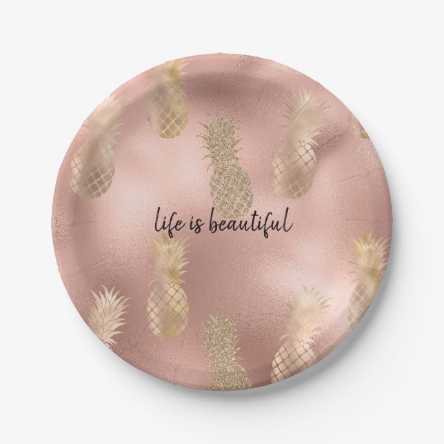 Plato De Papel Glam Pink Gold Pineapples (Anverso)