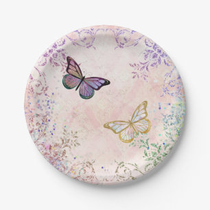 Plato De Papel Glam Pink Gold Purple Butterflies