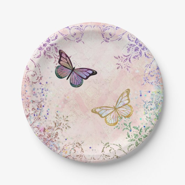 Plato De Papel Glam Pink Gold Purple Butterflies (Anverso)