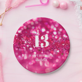 Plato De Papel Glam Purpurina rosa caliente personalizada 13º cum