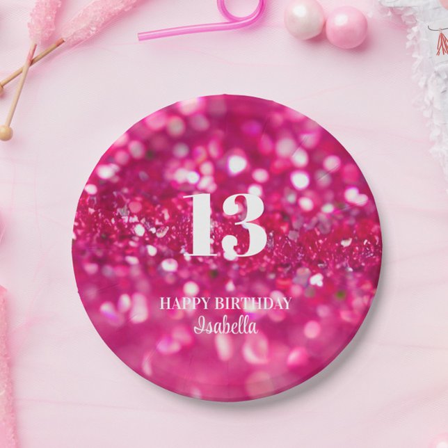 Plato De Papel Glam Purpurina rosa caliente personalizada 13º cum (Hot Pink Glitter 13th Birthday Party Paper Plates, Party Table Decorations)