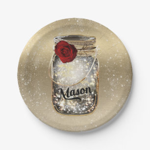 Plato De Papel Glam Red Rose Mason Jar Fiesta