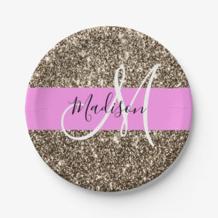 Plato De Papel Glam Rosa Champagne Purpurina dorada Sparkle Monog