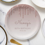 Plato De Papel Glam Rosa Purpurina de Oro Drip 80 cumpleaños<br><div class="desc">Estos elegantes platos de papel de moda para la fiesta de los 80 años presentan un borde de goteo de purpurina dorado brillantemente rosa y un subió fondo sombrío de oro. Personalízalos con el nombre del invitado de honor en escritura manuscrita oscura de rosa, con su cumpleaños y fecha debajo...</div>