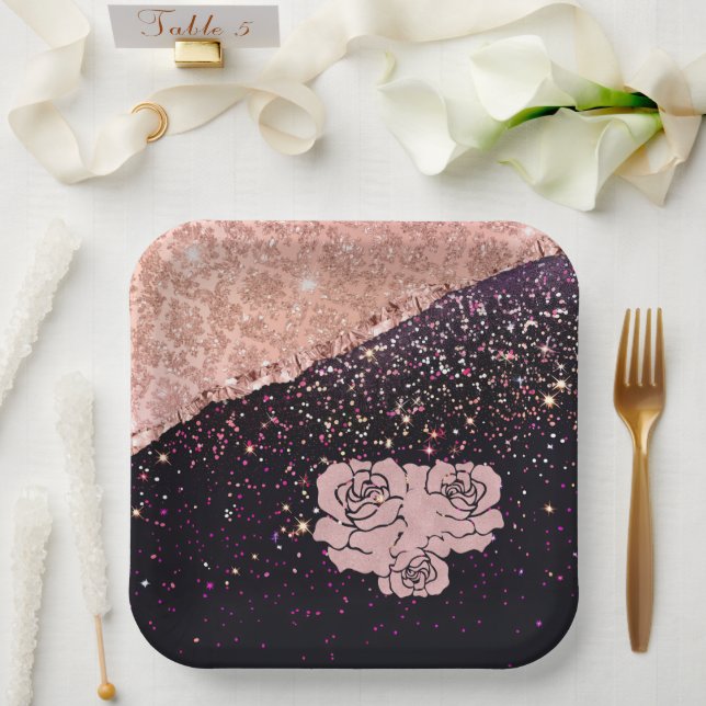 Plato De Papel Glam Rose Rosas de Rubor con Brillo Negro (Boda)