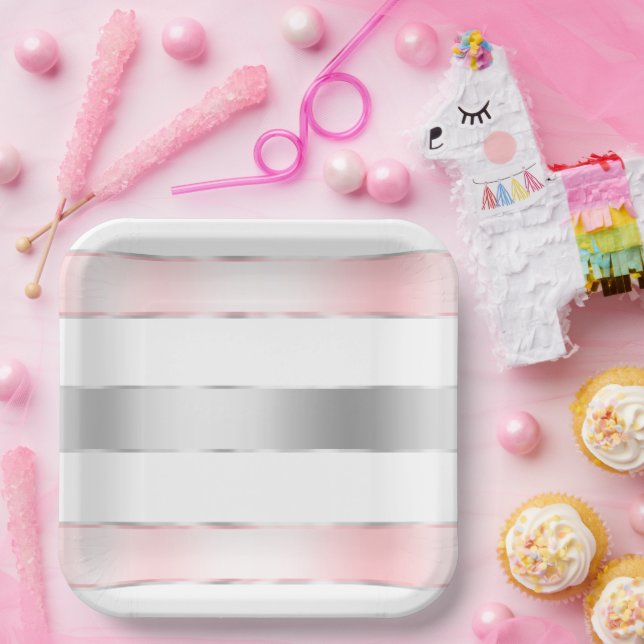 Plato De Papel Glam Silver Rubor Pink Ribbon Cumpleaños (Fiesta)