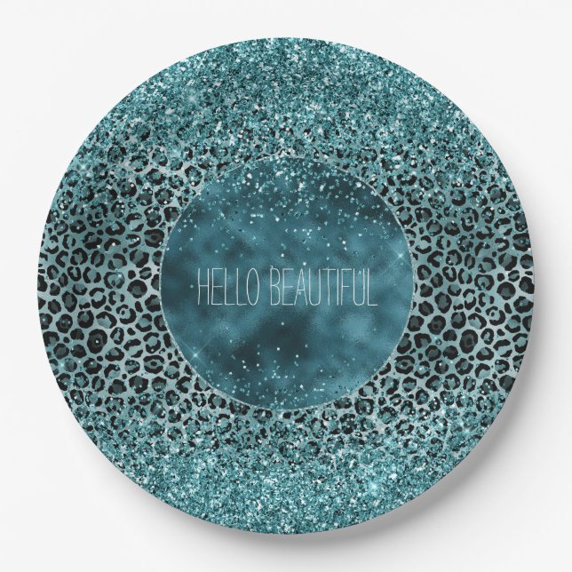 Plato De Papel Glam Turquoise Verde azulado Leopardo azul Purpuri (Anverso)
