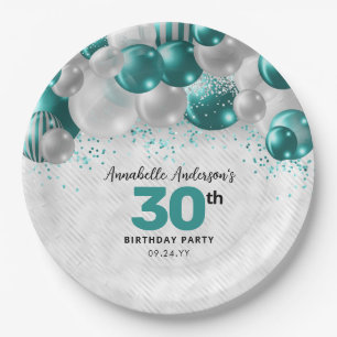 Plato De Papel Glam Verde azulado Green Silver Balloon Purpurina
