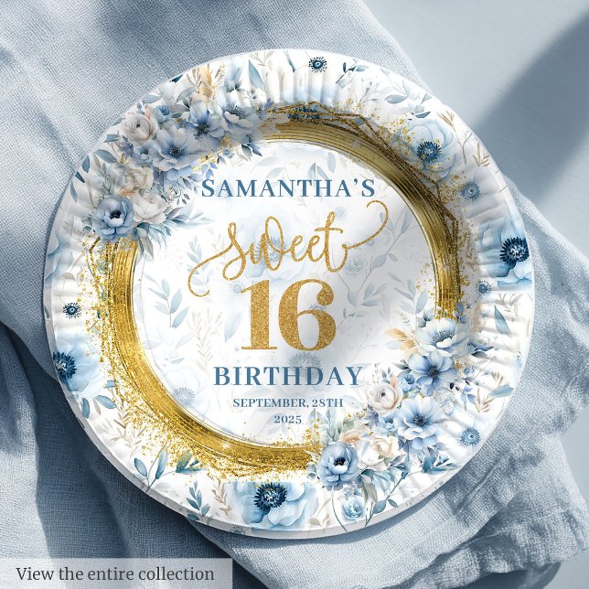 Plato De Papel Glamoroso dulce dieciséis polvorientas Placas azul (Glamorous Sweet Sixteen Dusty Blue Gold Plates

)