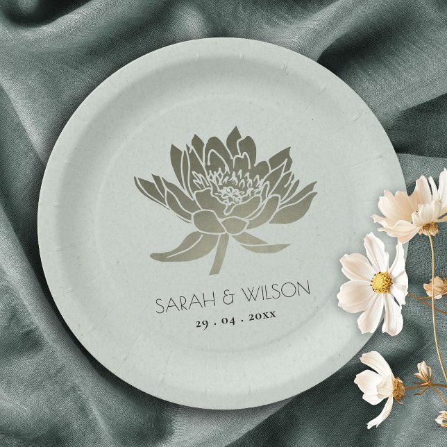 PLATO DE PAPEL GLAMOROSO PALE BLUE SILVER LOTUS FLORES MONOGRAMA (Subido por el creador)