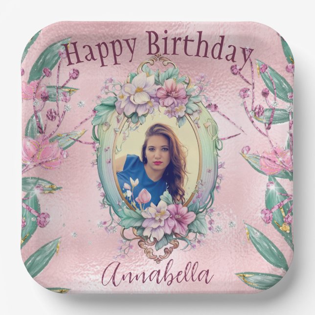 Plato De Papel Glamoroso Purpurina rosa espejo de foto de cuento  (Anverso)