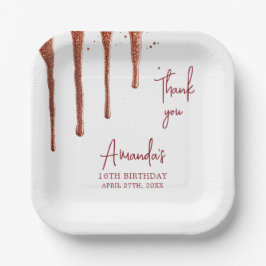 Plato De Papel Glamoroso Rosa Oro Purpurina Drip Sweet 16 Cumplea