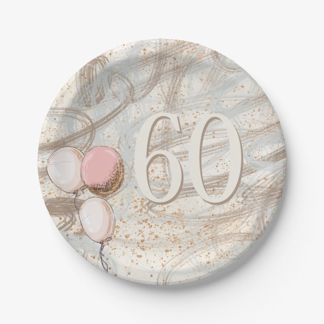 Plato De Papel Glamoroso Swirls Gold Confetti Nombre 60 cumpleaño (Anverso)