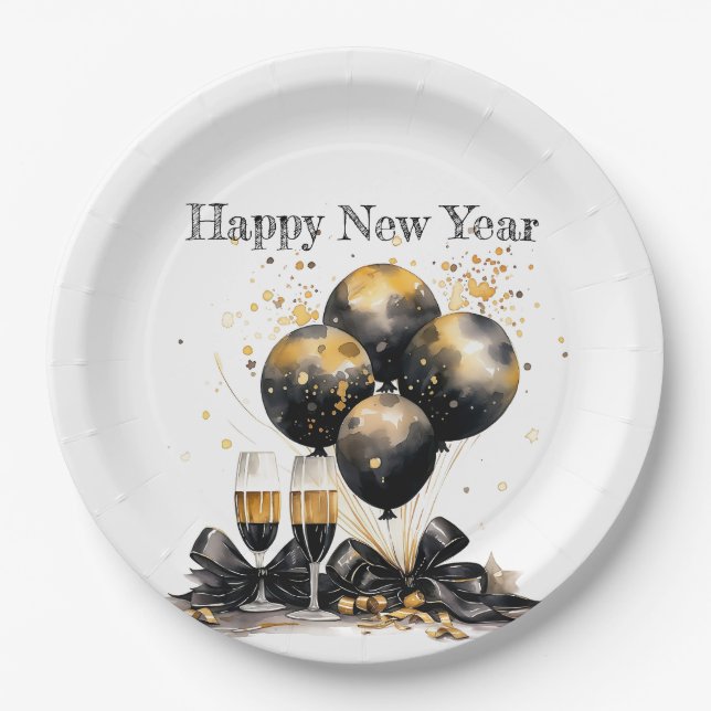 Plato De Papel 🍾 🎉 glamorosos placas de Fiesta de Año Nuevo 🥂  (Anverso)