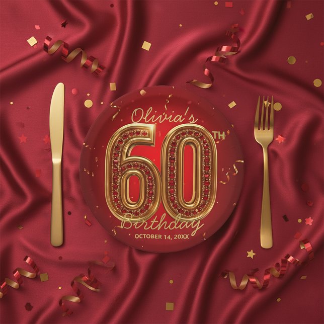 Plato De Papel Glamorous Ruby Gemstone Gold 60th Birthday Party (Subido por el creador)