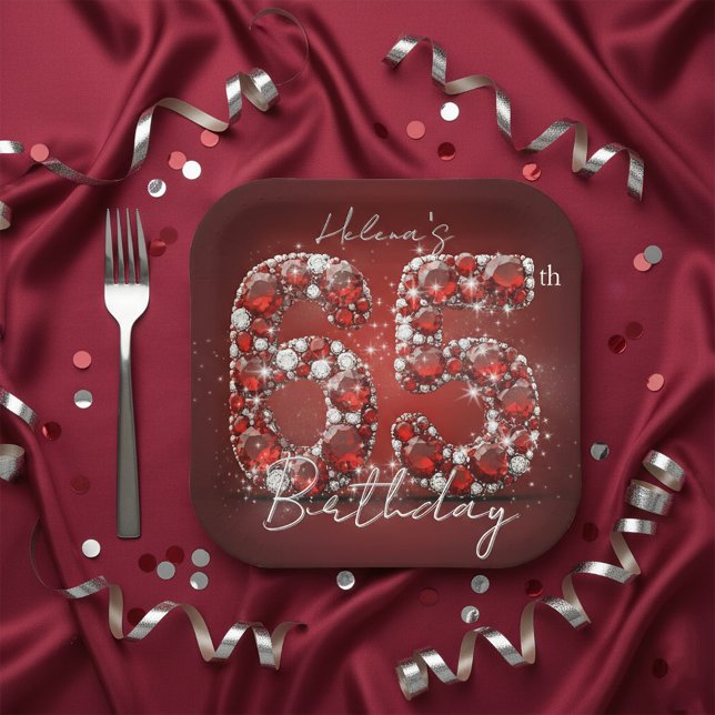 Plato De Papel Glamorous Ruby Red Diamonds 65th Birthday Party (Subido por el creador)