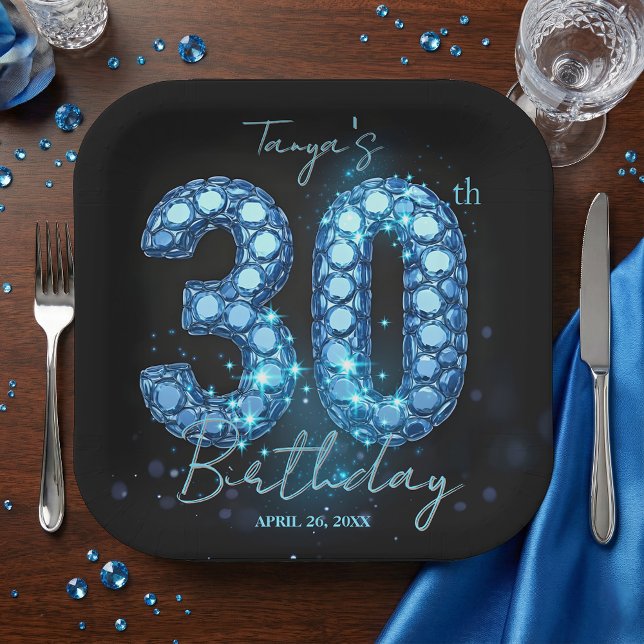 Plato De Papel Glamorous Sapphire Blue Jewel Mosaic 30th Birthday (Subido por el creador)