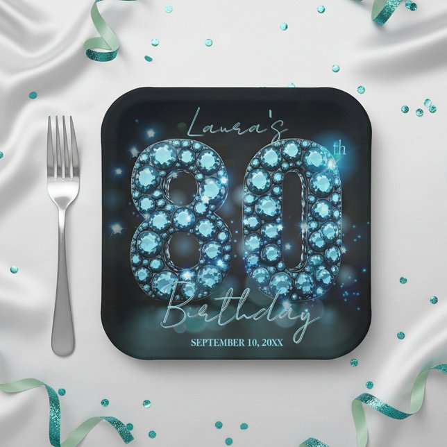 Plato De Papel Glamorous Teal Blue Diamonds 80th Birthday Party (Subido por el creador)