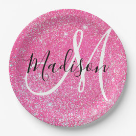 Plato De Papel Glamour Femenino Brillante Rosa Glitter Monograma