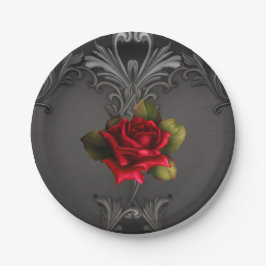 Plato De Papel Glamour Gótico Rosa Roja Negra Ornamental Glam