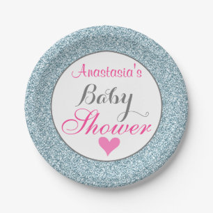 Plato De Papel Glamour Rosa Cielo Azul Claro Brillo Baby Shower