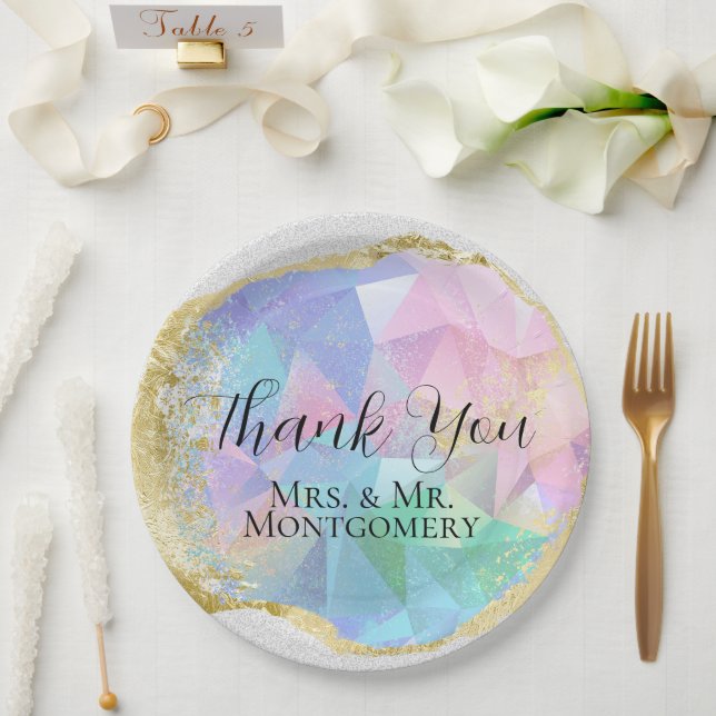 Plato De Papel Glamurosa piedra ópera con oro en Purpurina blanco (Boda)