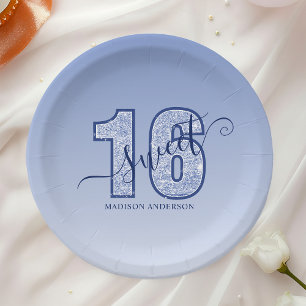 Plato De Papel Glitter Azul Marino Letra Dulces 16