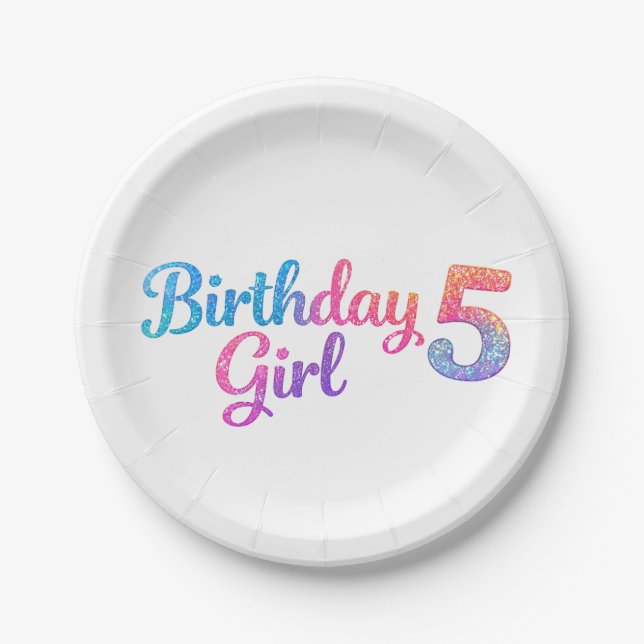 Plato De Papel Glitter Birthday Girl 5 Party Plate (Anverso)
