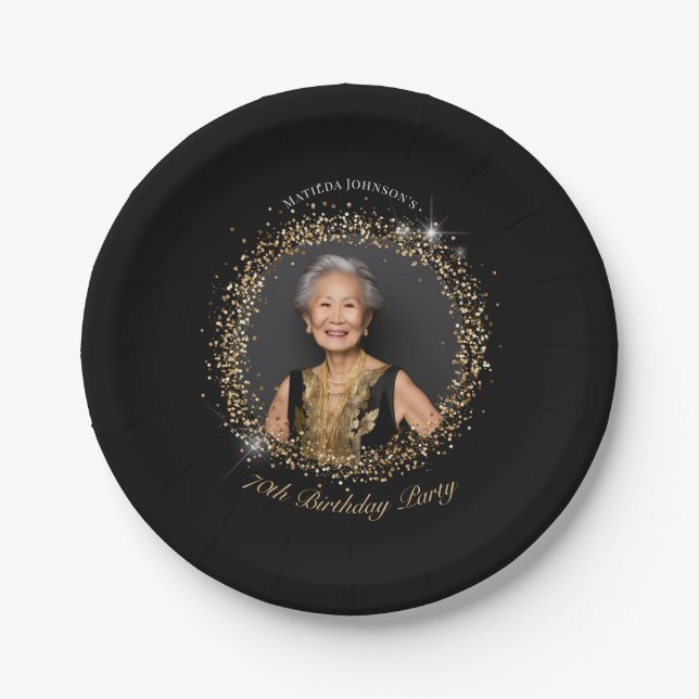 Plato De Papel Glitter Black Gold 70th Birthday Party (Anverso)