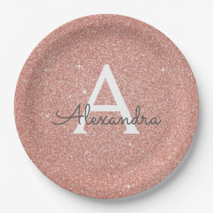 Plato De Papel Glitter de oro rosa y monograma de cumpleaños