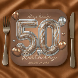 Plato De Papel Glitter Metallic Silver and Bronze 50th Birthday