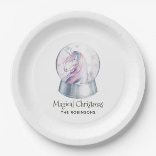 Plato De Papel Glitter Unicornio Navidad Acuarela