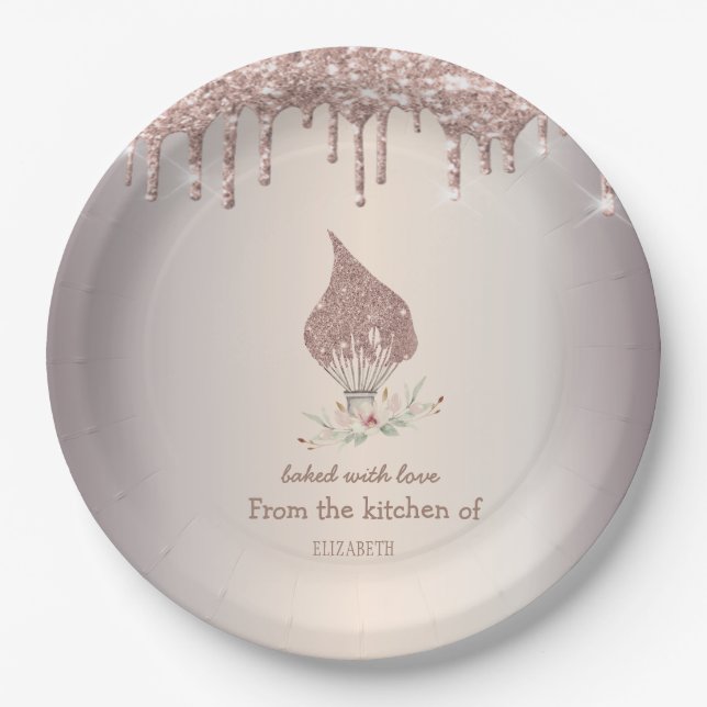 Plato De Papel Glitter Whisk Rose Gold Glitter Drips Bakery    (Anverso)