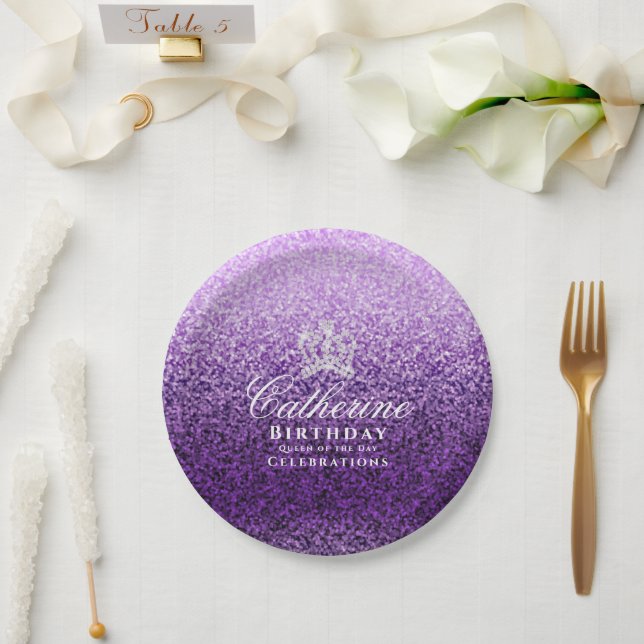 Plato De Papel Glittering Crown Purple Lilac (Boda)