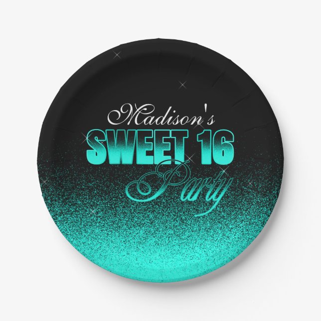 Plato De Papel Glitz y Glamoroso negro y dulce Aqua 16 (Anverso)