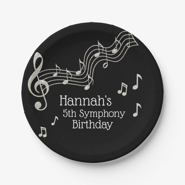 Plato De Papel Glitzy Black & White Musical Notes Birday (Anverso)