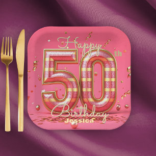 Plato De Papel Glitzy Elegante a rayas rosado y oro 50 cumpleaños