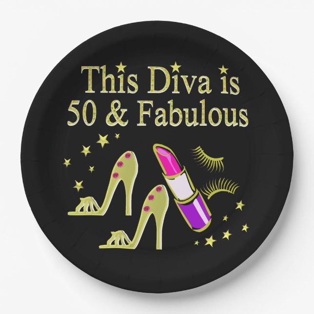 PLATO DE PAPEL GLITZY GOLD 50TH BIRTHDAY DIVA DISEÑN (Anverso)