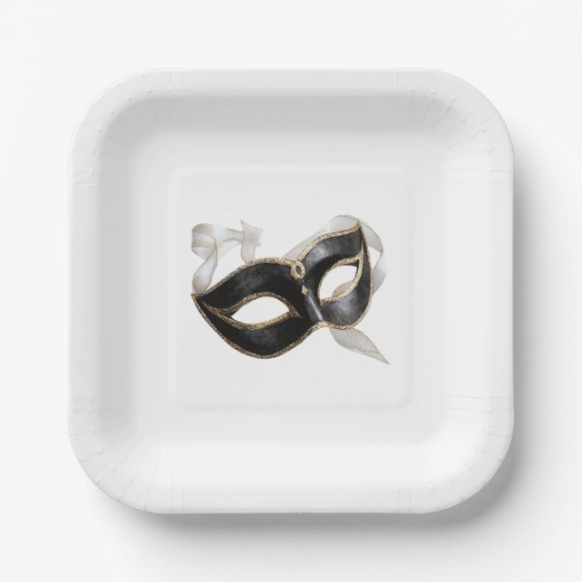 Plato De Papel Glitzy Gold Silver New Year Black Mask (Anverso)