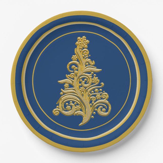 Plato De Papel Glitzy Gold Tree con vacaciones de fondo azul (Anverso)