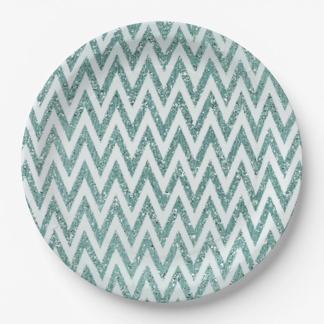 Plato De Papel Glitzy Green White Chevron Strips Navidades (Anverso)